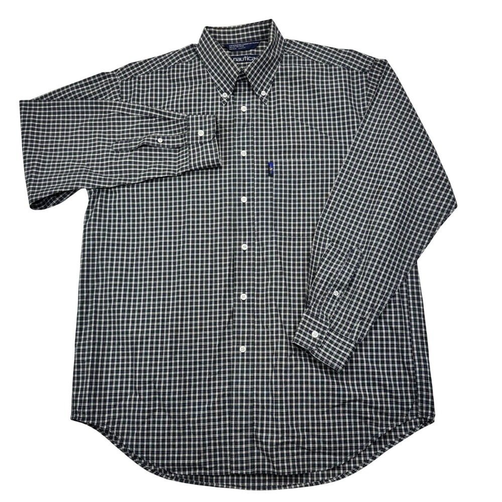 Nautica Mens Large Long Sleeve Plaid Button Down Shirt Navy Blue Green Cotton